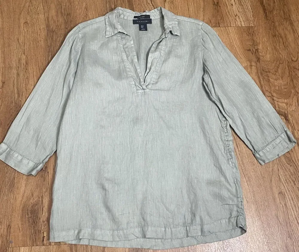 Tahari Women’s Light Green Popover Tunic Top 100% Linen 3/4 Sleeves Size Small